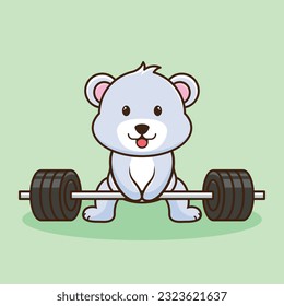 Bodybuilding, Adorable and Cute Cartoon Bear Lifting Barbell. Weightlifting Muscles training with Barbell. Cartoon Vector Workout Icon Illustration, Gym Workout mascot, cute sticker, cartoon style.