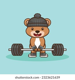 Bodybuilding, Adorable and Cute Cartoon Bear Lifting Barbell. Weightlifting Muscles training with Barbell. Cartoon Vector Workout Icon Illustration, Gym Workout mascot, cute sticker, cartoon style.