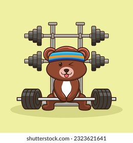Bodybuilding, Adorable and Cute Cartoon Bear Lifting Barbell. Weightlifting Muscles training with Barbell. Cartoon Vector Workout Icon Illustration, Gym Workout mascot, cute sticker, cartoon style.