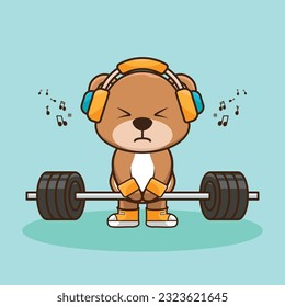 Bodybuilding, Adorable and Cute Cartoon Bear Lifting Barbell. Weightlifting Muscles training with Barbell. Cartoon Vector Workout Icon Illustration, Gym Workout mascot, cute sticker, cartoon style.