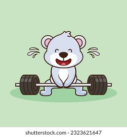 Bodybuilding, Adorable and Cute Cartoon Bear Lifting Barbell. Weightlifting Muscles training with Barbell. Cartoon Vector Workout Icon Illustration, Gym Workout mascot, cute sticker, cartoon style.