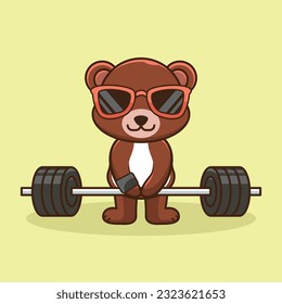 Bodybuilding, Adorable and Cute Cartoon Bear Lifting Barbell. Weightlifting Muscles training with Barbell. Cartoon Vector Workout Icon Illustration, Gym Workout mascot, cute sticker, cartoon style.