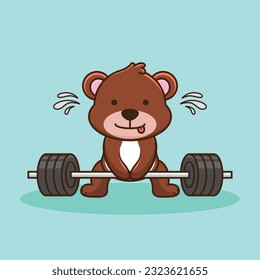 Bodybuilding, Adorable and Cute Cartoon Bear Lifting Barbell. Weightlifting Muscles training with Barbell. Cartoon Vector Workout Icon Illustration, Gym Workout mascot, cute sticker, cartoon style.