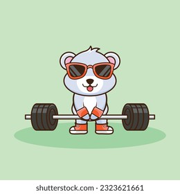 Bodybuilding, Adorable and Cute Cartoon Bear Lifting Barbell. Weightlifting Muscles training with Barbell. Cartoon Vector Workout Icon Illustration, Gym Workout mascot, cute sticker, cartoon style.