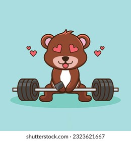 Bodybuilding, Adorable and Cute Cartoon Bear Lifting Barbell. Weightlifting Muscles training with Barbell. Cartoon Vector Workout Icon Illustration, Gym Workout mascot, cute sticker, cartoon style.