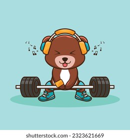 Bodybuilding, Adorable and Cute Cartoon Bear Lifting Barbell. Weightlifting Muscles training with Barbell. Cartoon Vector Workout Icon Illustration, Gym Workout mascot, cute sticker, cartoon style.