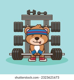 Bodybuilding, Adorable and Cute Cartoon Bear Lifting Barbell. Weightlifting Muscles training with Barbell. Cartoon Vector Workout Icon Illustration, Gym Workout mascot, cute sticker, cartoon style.