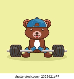 Bodybuilding, Adorable and Cute Cartoon Bear Lifting Barbell. Weightlifting Muscles training with Barbell. Cartoon Vector Workout Icon Illustration, Gym Workout mascot, cute sticker, cartoon style.