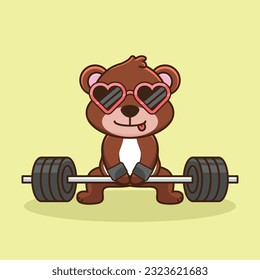 Bodybuilding, Adorable and Cute Cartoon Bear Lifting Barbell. Weightlifting Muscles training with Barbell. Cartoon Vector Workout Icon Illustration, Gym Workout mascot, cute sticker, cartoon style.