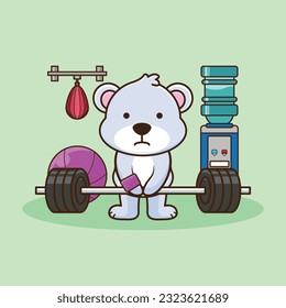 Bodybuilding, Adorable and Cute Cartoon Bear Lifting Barbell. Weightlifting Muscles training with Barbell. Cartoon Vector Workout Icon Illustration, Gym Workout mascot, cute sticker, cartoon style.