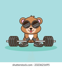 Bodybuilding, Adorable and Cute Cartoon Bear Lifting Barbell. Weightlifting Muscles training with Barbell. Cartoon Vector Workout Icon Illustration, Gym Workout mascot, cute sticker, cartoon style.