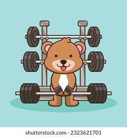 Bodybuilding, Adorable and Cute Cartoon Bear Lifting Barbell. Weightlifting Muscles training with Barbell. Cartoon Vector Workout Icon Illustration, Gym Workout mascot, cute sticker, cartoon style.