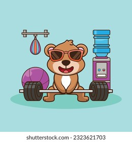 Bodybuilding, Adorable and Cute Cartoon Bear Lifting Barbell. Weightlifting Muscles training with Barbell. Cartoon Vector Workout Icon Illustration, Gym Workout mascot, cute sticker, cartoon style.