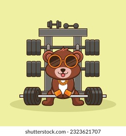 Bodybuilding, Adorable and Cute Cartoon Bear Lifting Barbell. Weightlifting Muscles training with Barbell. Cartoon Vector Workout Icon Illustration, Gym Workout mascot, cute sticker, cartoon style.