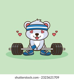 Bodybuilding, Adorable and Cute Cartoon Bear Lifting Barbell. Weightlifting Muscles training with Barbell. Cartoon Vector Workout Icon Illustration, Gym Workout mascot, cute sticker, cartoon style.