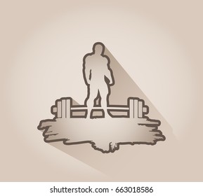 Bodybuilding and barbell outline silhouettes. Bodybuilder posing on grunge brush stroke.