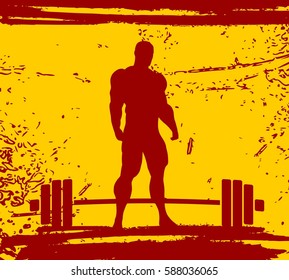 Bodybuilding and barbell silhouettes. Bodybuilder posing on grunge brush stroke.