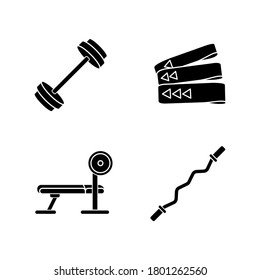 Iconos de glifo negro de construcción de bodybuilding en espacio blanco. Barbell, bandas de resistencia, banco de peso y símbolos de silueta de barra de rizo. Equipo para entrenamiento de fuerza intensa. Ilustración aislada del vector