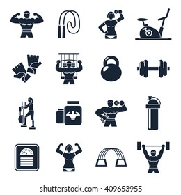 Bodybuilding black icon set with description of sports people trainers equipment and sports nutrition vector illustration