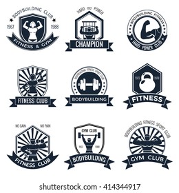 Bodybuilding black and white different shapes labels set with ribbons at the bottom of various sports themes vector illustration