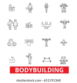 Bodybuilding, body, muscle, gym, muscleman, bodybuilder, weightlifting, muscular line icons. Editable strokes. Flat design vector illustration symbol concept. Linear signs isolated on white background