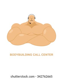 Bodybuilding call Center. Athlete with  headset Man with big muscles responds to phone calls. Customer feedback for athletes. client service support.
