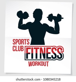 Bodybuilding championship advertising leaflet composed using vector illustration of muscular athlete holding dumbbells.