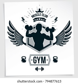 Bodybuilding championship advertising leaflet composed using vector illustration of muscular athlete holding dumbbells.