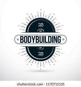 Bodybuilding championship symbol, gym vector emblem. Disc weight illustration.