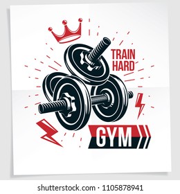 Bodybuilding championship vector advertising leaflet created with disc weight dumbbell and royal crown. Train hard lettering.