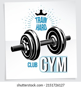 Bodybuilding championship vector advertising leaflet created with disc weight dumbbell and royal crown. Train hard lettering.