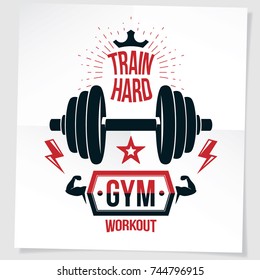 Bodybuilding championship vector advertising leaflet created with disc weight dumbbell and royal crown. Train hard lettering.