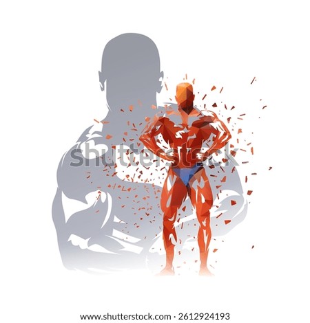 Bodybuilding collage, double exposure of posing bodybuilders, isolated low poly vector illustration with dispersion effect. Sports clip art