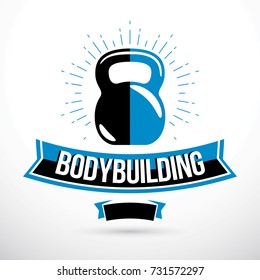 Bodybuilding competition concept, vector kettle bell symbol. Cross fit equipment.