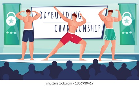 Bodybuilding competition show flat composition with view of athletes posing on stage with silhouettes of audience vector illustration