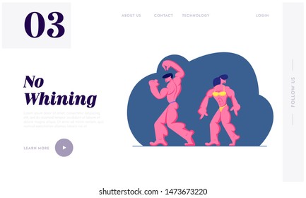 Bodybuilding Competition Website Landing Page. Bodybuilder Man and Woman Posing on Stage Performing Sportive Healthy Athletic Body. Scene Presentation Web Page. Cartoon Flat Vector Illustration Banner