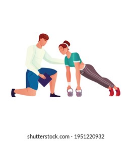 Bodybuilding composition with isolated human character of practiting woman with coach vector illustration