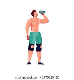 Bodybuilding composition with isolated human character of muscular man drinking from cup vector illustration