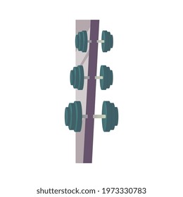 Bodybuilding composition with isolated image of dumbbells fixed on rack holder vector illustration