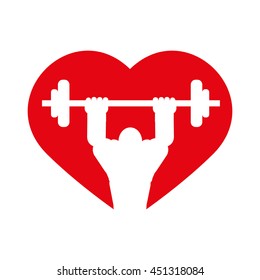 Bodybuilding concept represented by weight lifting and cartoon man over heart icon. Isolated and flat illustration 