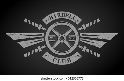 Bodybuilding emblem. Disk weight and  barbell. The monochrome style on a dark background.