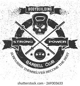 Bodybuilding emblem in vintage style. Isolated background.