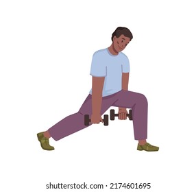 Bodybuilding exercises, isolated man working out with dumbbells. Growing muscles and doing sports. Man with sportive equipment. Flat cartoon character, vector illustration