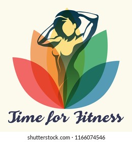 Bodybuilding or fitness club design with silhouette of woman and motivational wording Time to Fitness. Vector illustration.