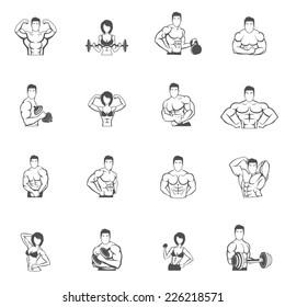 Bodybuilding fitness gym icons black set with male and female athletes silhouettes isolated vector illustration