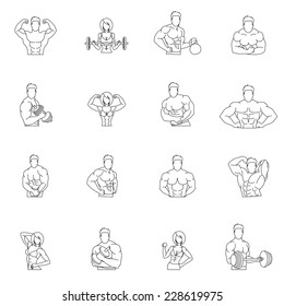 Bodybuilding fitness gym icons outline set with people workout isolated vector illustration