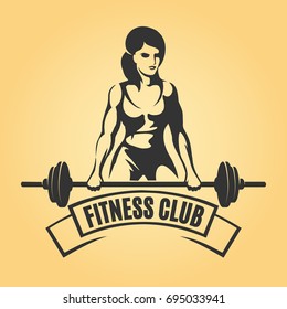 Bodybuilding or Fitness Retro emblem. Athletic Woman Holding Barbell. Vector illustration