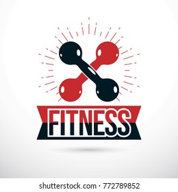 Bodybuilding and fitness sport logo template, retro style vector emblem. Two dumbbells crossed.