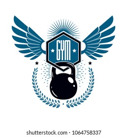 Bodybuilding and fitness sport logo templates, winged retro stylized vector emblem or badge. With kettlebell.