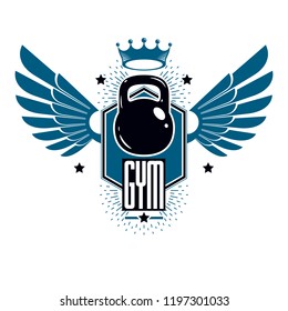 Bodybuilding and fitness sport logo templates, winged retro stylized vector emblem or badge. With kettlebell.